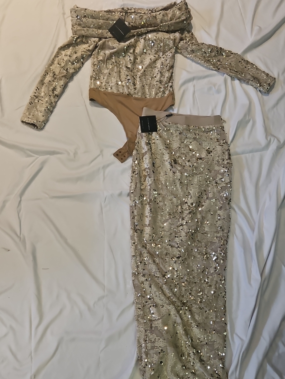JLUXLABEL Champagne Sequin Off-Shoulder Long Sleeve Two-Piece Set